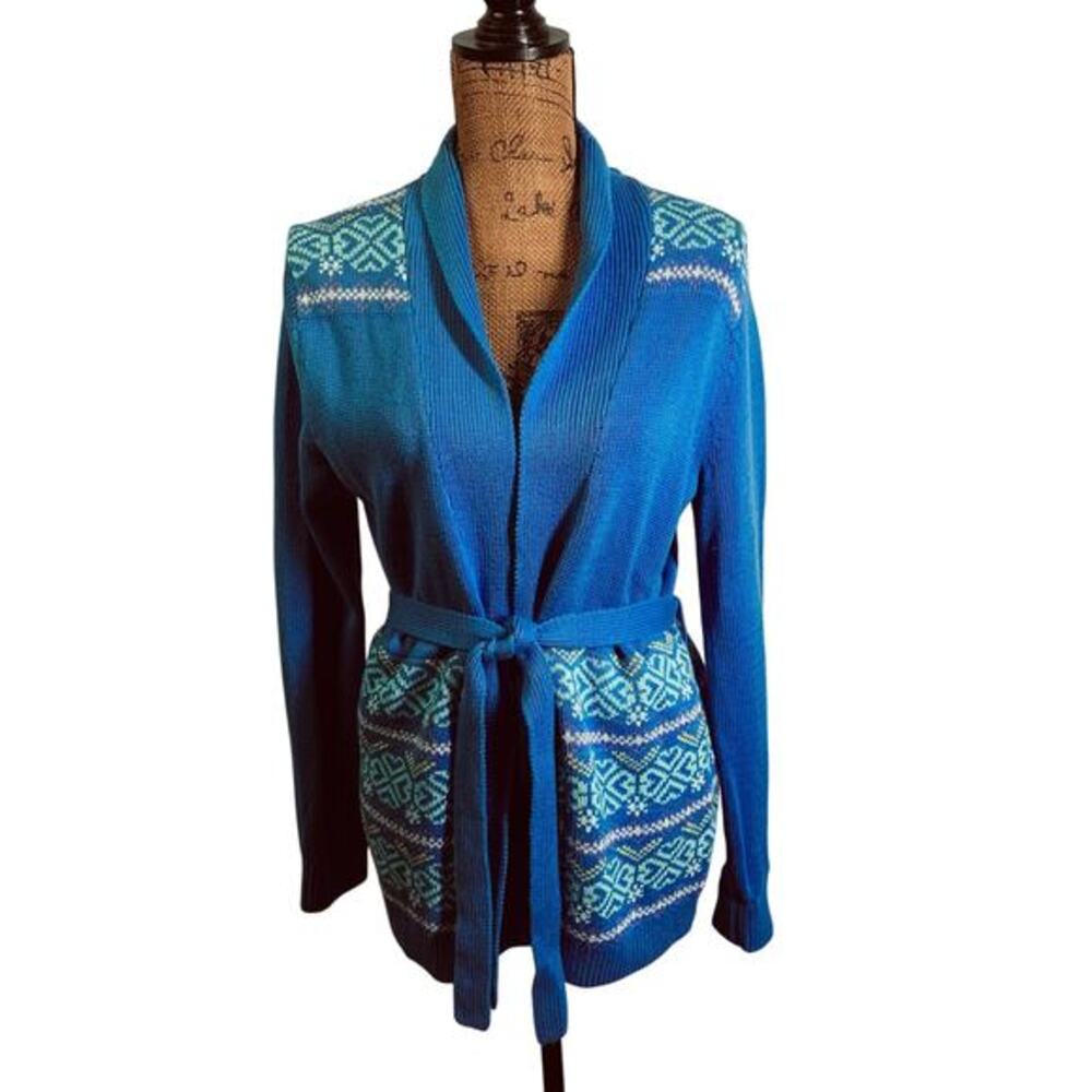 L.L. BEAN Cardigan XLarge Girls Fair Isle Knit Sweater Open‎ front Belt Tie